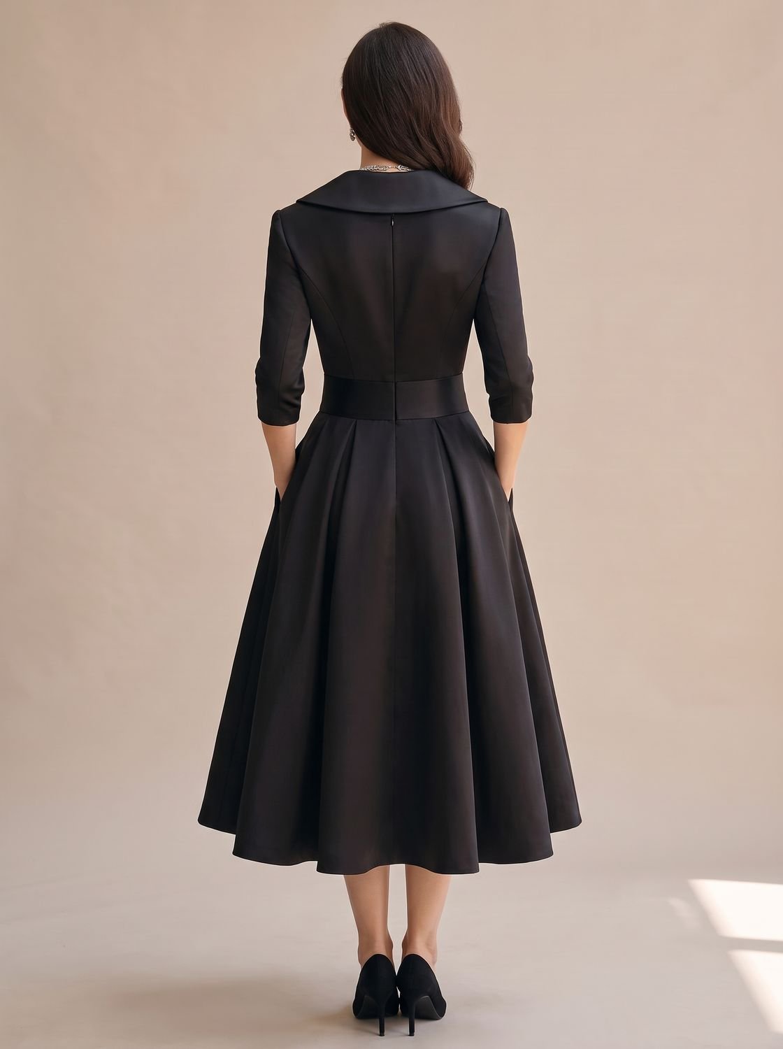Wrap midi dress with shawl collar in black