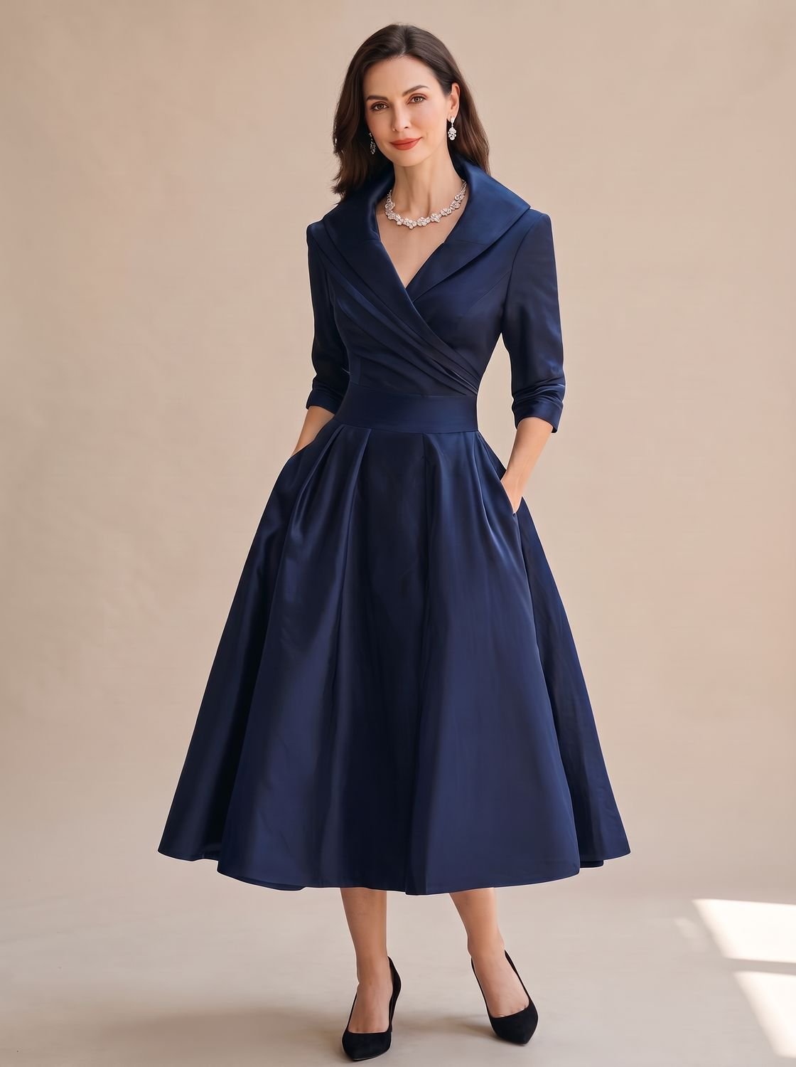 Wrap midi dress with shawl collar in navy blue