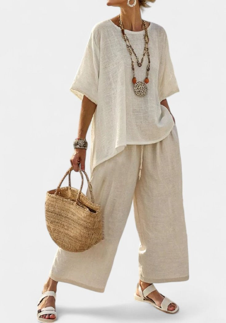 Linen asymmetric top and wide-leg pants set in ecru – front