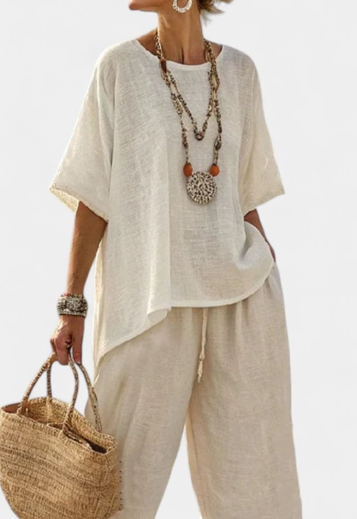 Linen asymmetric top and wide-leg pants set in ecru – top detail