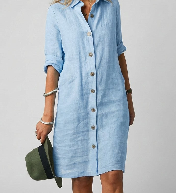 Linen button-front shirt dress in blue – front