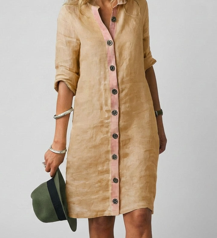 Linen button-front shirt dress in khaki – front