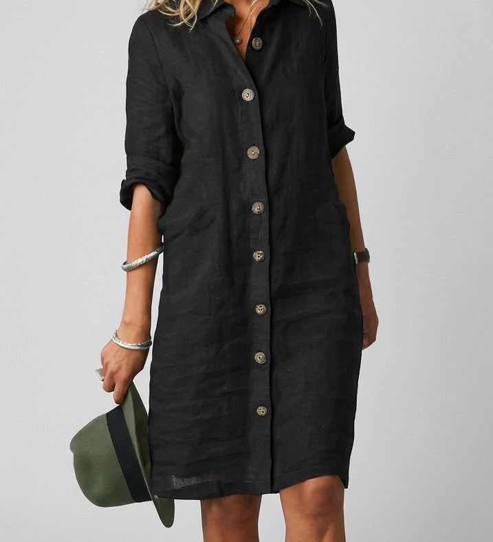 Linen button-front shirt dress in black – front