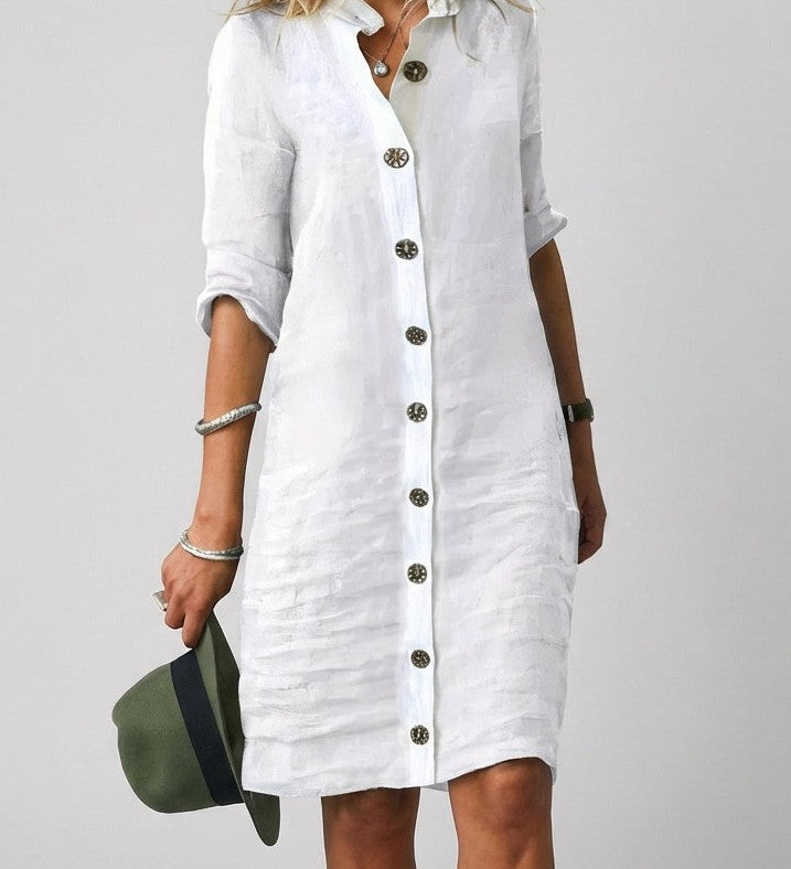 Linen button-front shirt dress in white – front