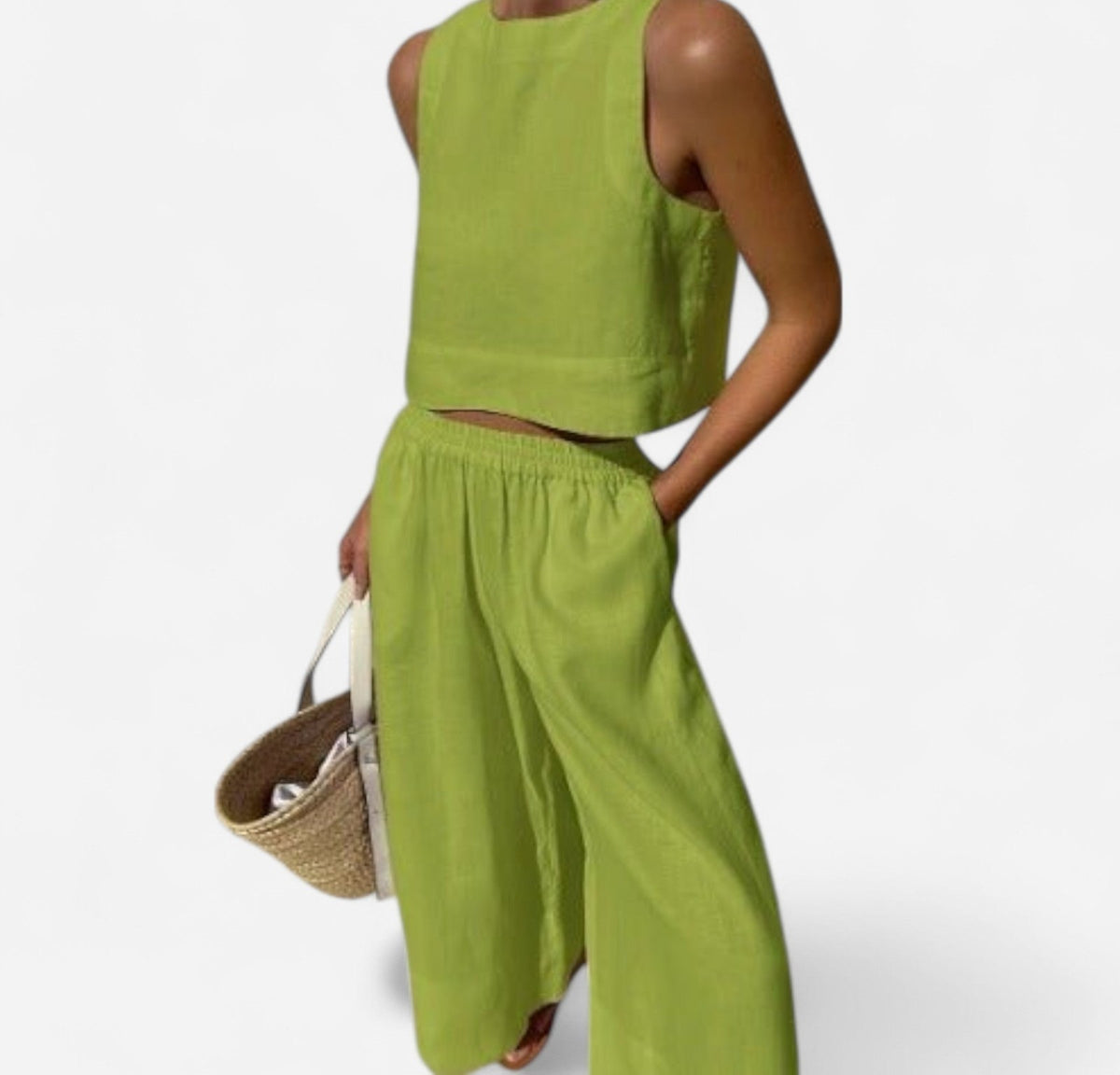 Linen sleeveless crop top and wide-leg pants set in lime – front