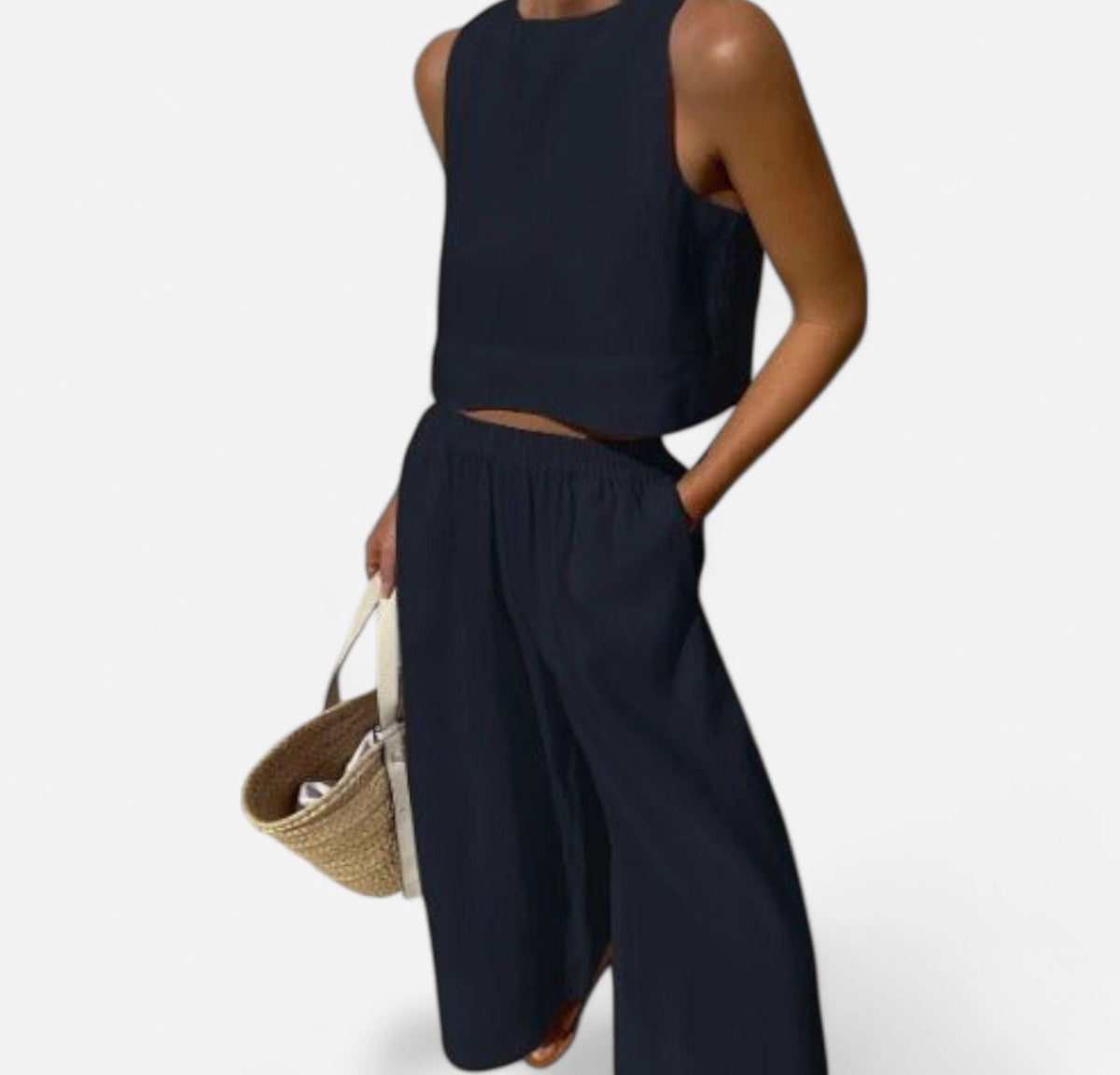 Linen sleeveless crop top and wide-leg pants set in navy – front