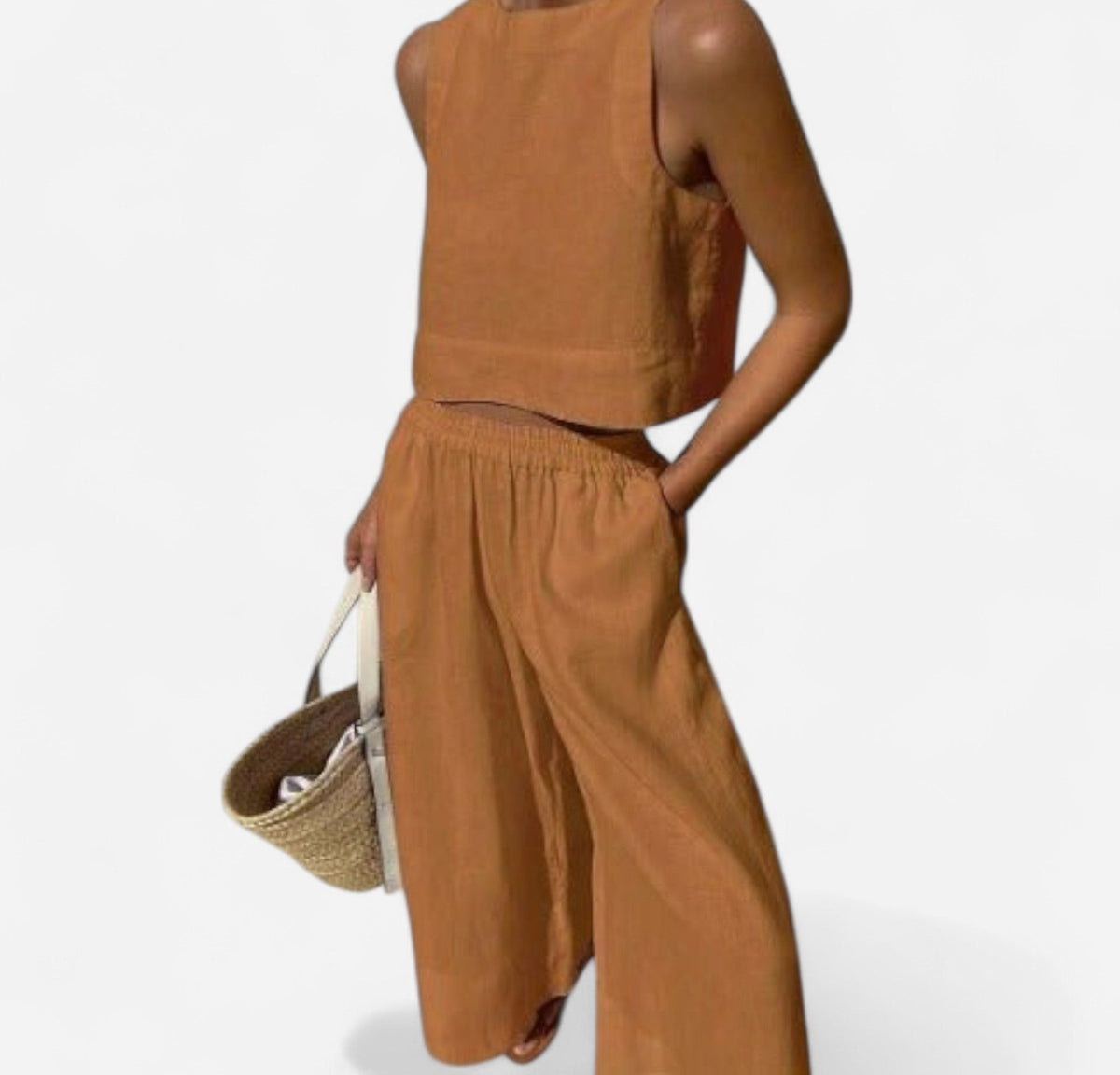 Linen sleeveless crop top and wide-leg pants set in beige – front