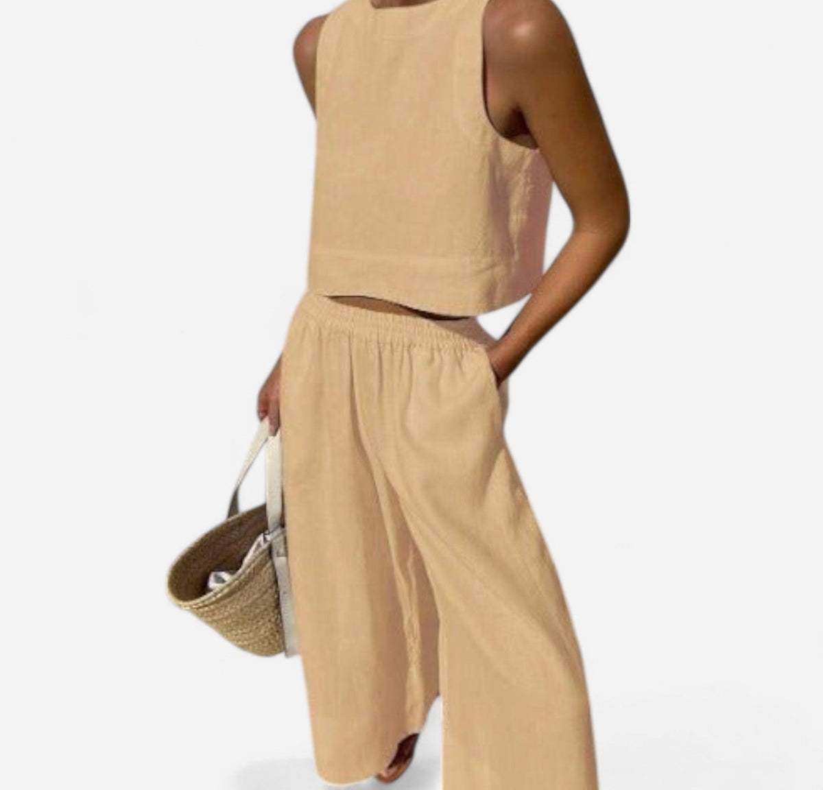 Linen sleeveless crop top and wide-leg pants set in khaki – front
