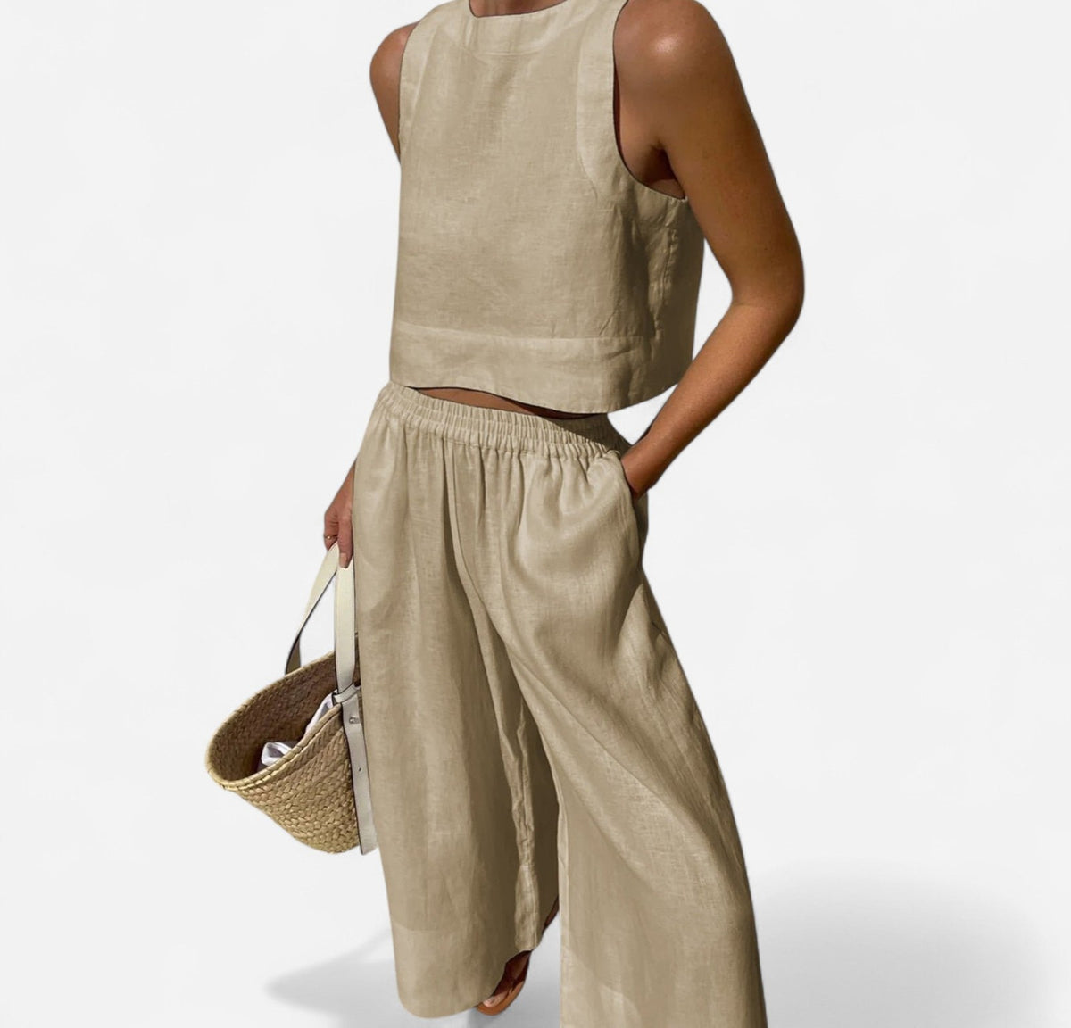 Linen sleeveless crop top and wide-leg pants set in taupe – front
