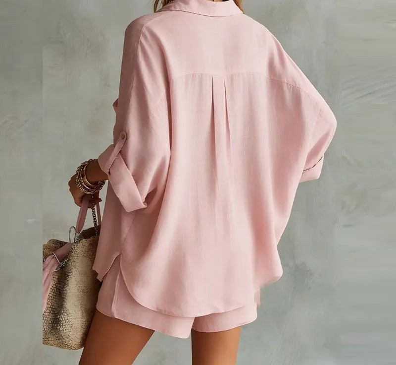 Cotton-linen shirt and shorts set in pink – detail