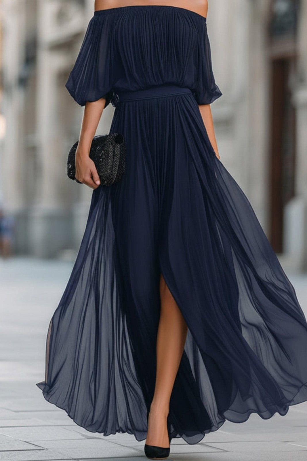Off-shoulder pleated chiffon maxi dress in navy – front