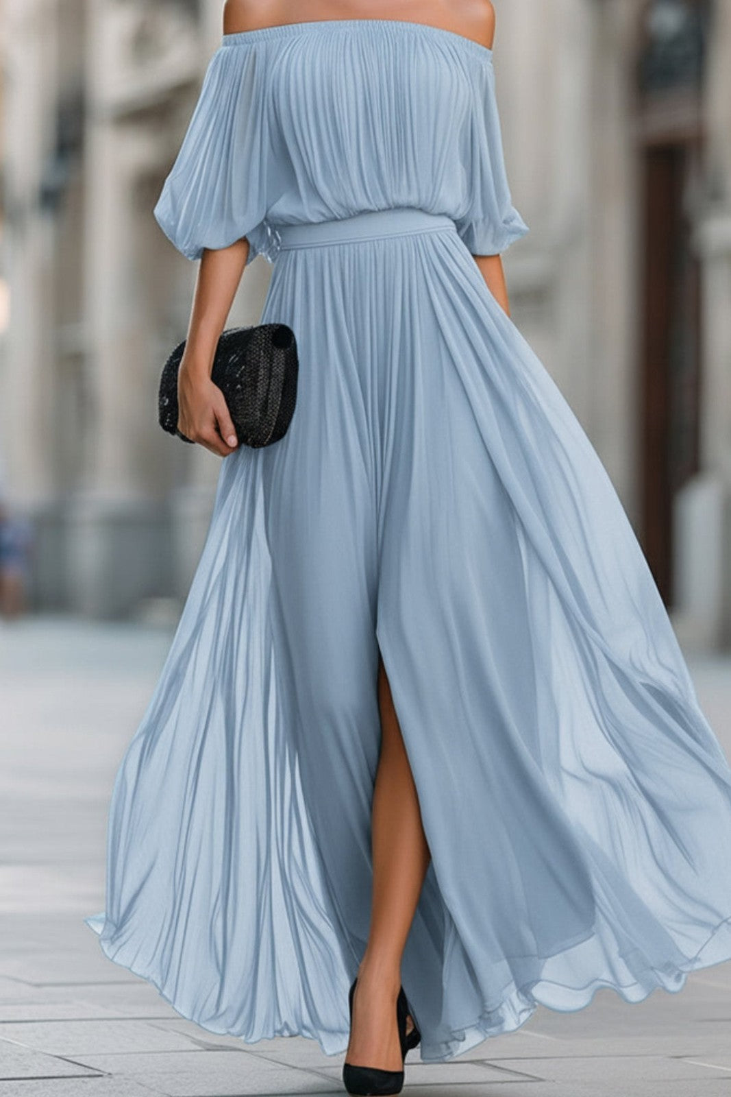 Off-shoulder pleated chiffon maxi dress in sky blue – front
