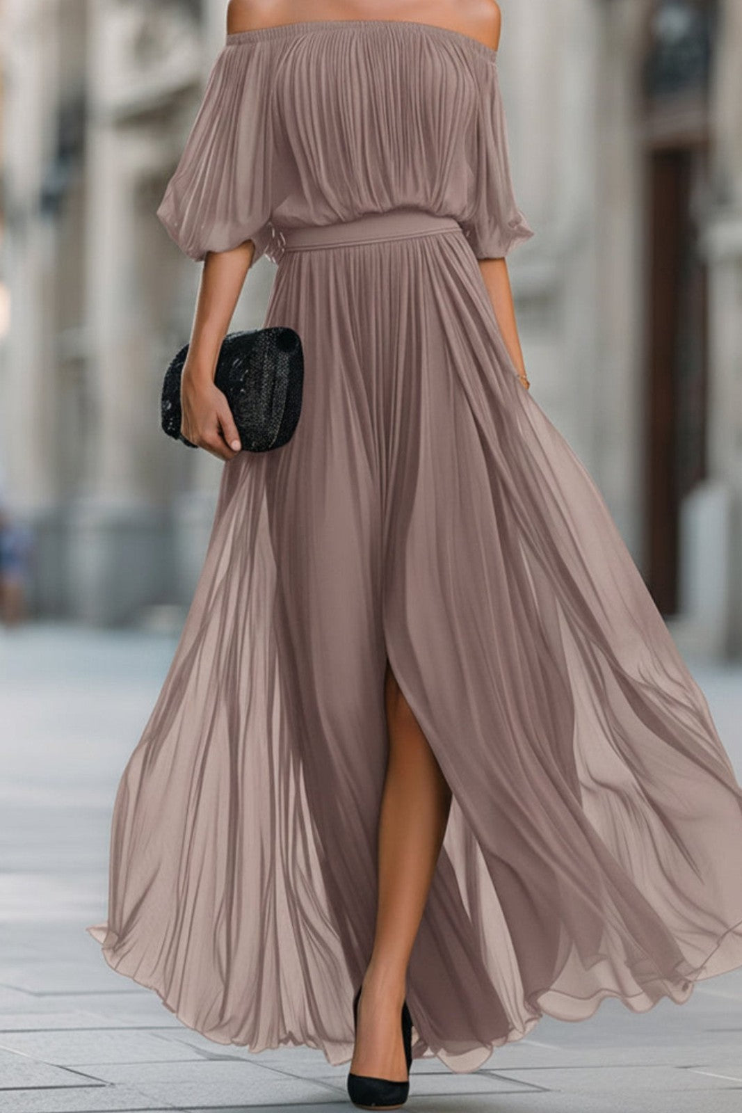 Off-shoulder pleated chiffon maxi dress in taupe – front