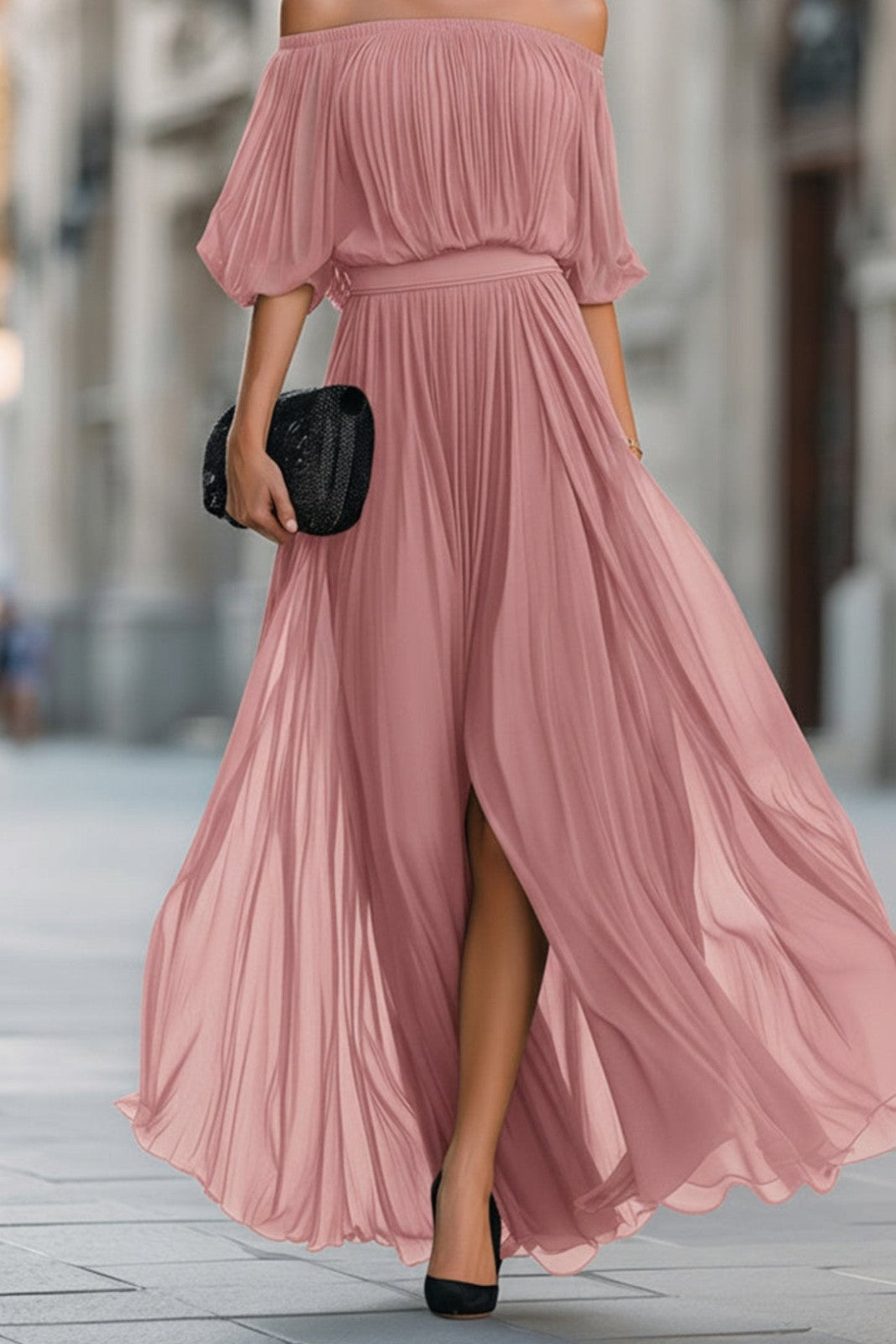 Off-shoulder pleated chiffon maxi dress in dusty rose – front