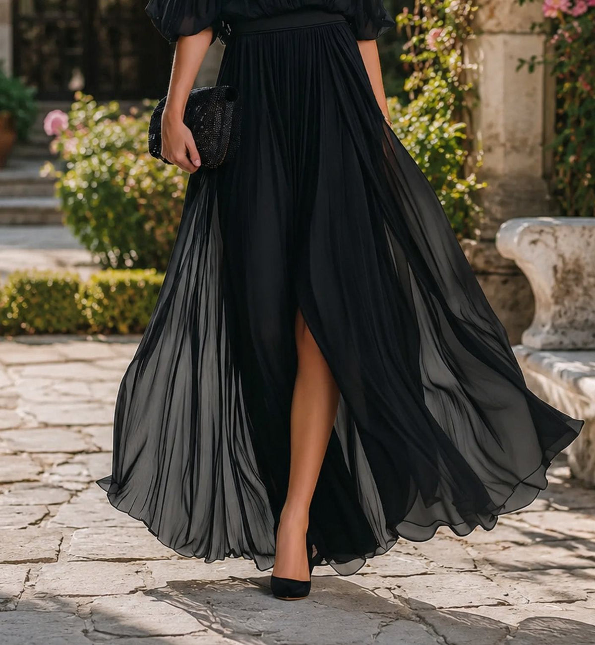 Off-shoulder pleated chiffon maxi dress in black – garden