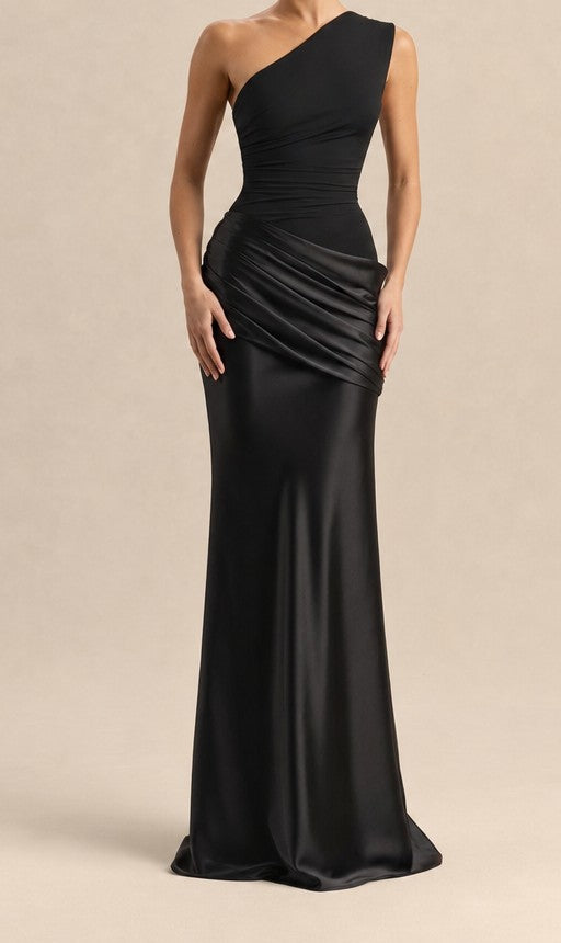 One-shoulder satin maxi dress in black – front