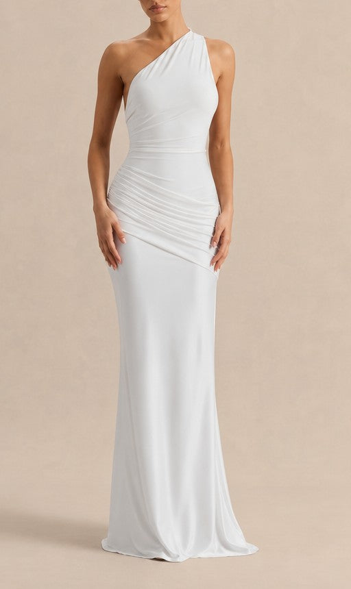 One-shoulder satin maxi dress in ivory – front