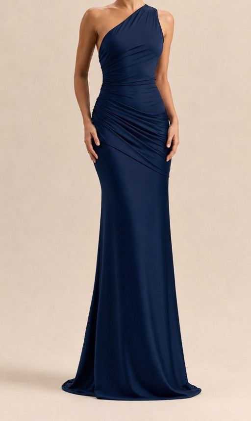 One-shoulder satin maxi dress in navy – front