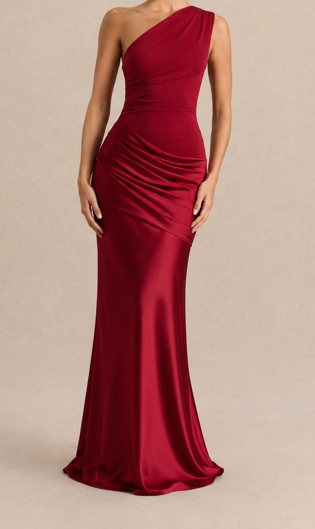 One-shoulder satin maxi dress in red – front
