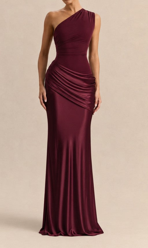 One-shoulder satin maxi dress in burgundy – front