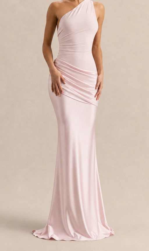 One-shoulder satin maxi dress in blush pink – front