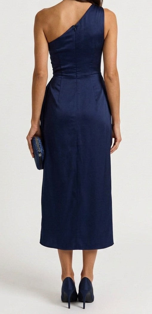 One-shoulder satin midi dress in navy – back