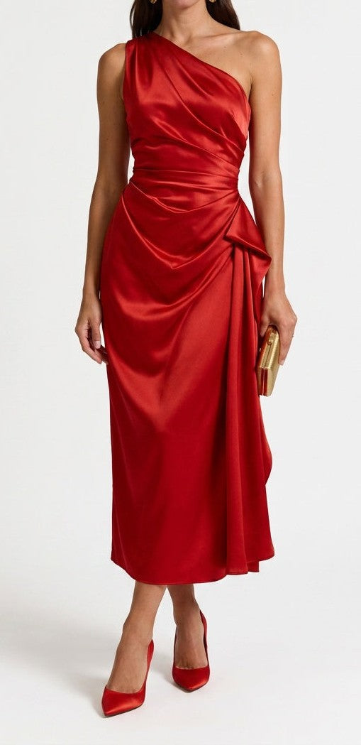 One-shoulder satin midi dress in red – front