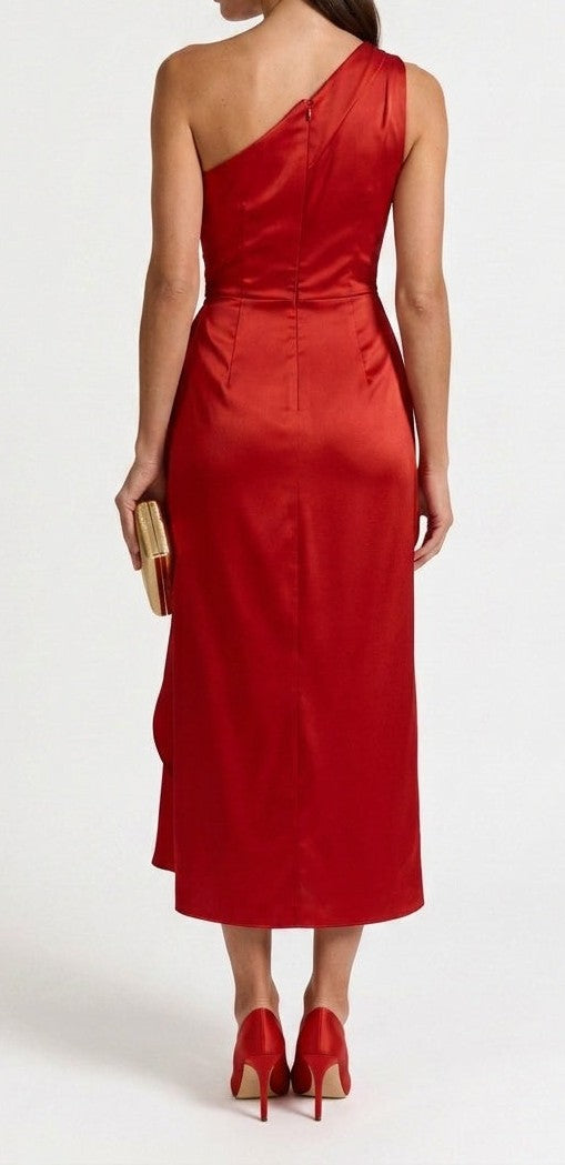 One-shoulder satin midi dress in red – back