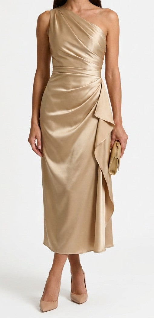 One-shoulder satin midi dress in champagne – front
