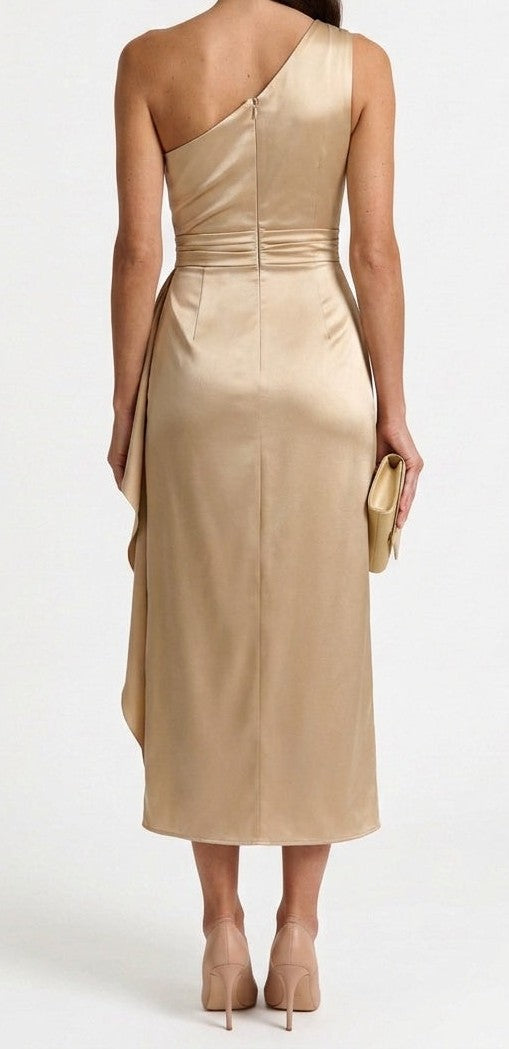 One-shoulder satin midi dress in champagne – back
