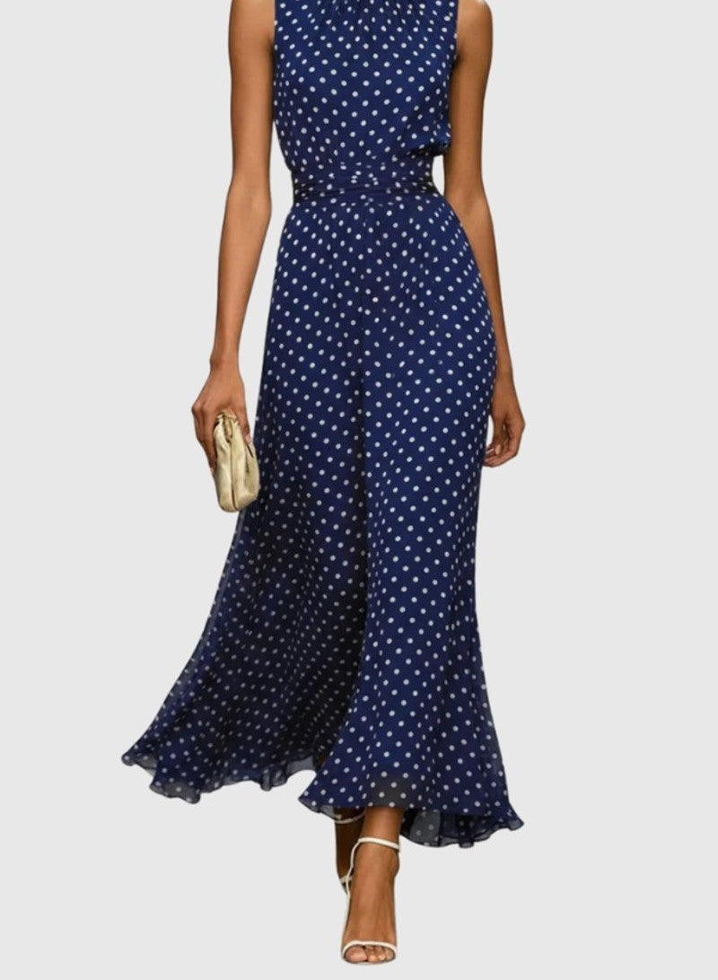 Polka dot sleeveless maxi dress in navy – front