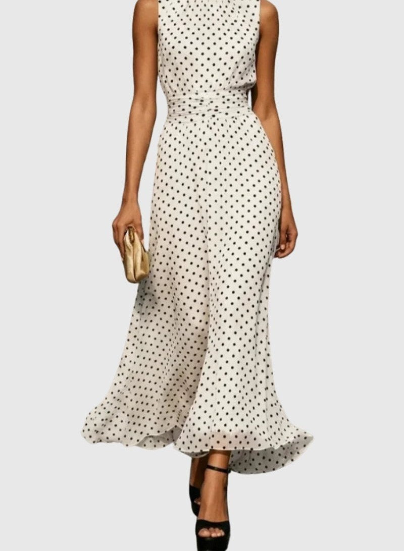 Polka dot sleeveless maxi dress in white – front