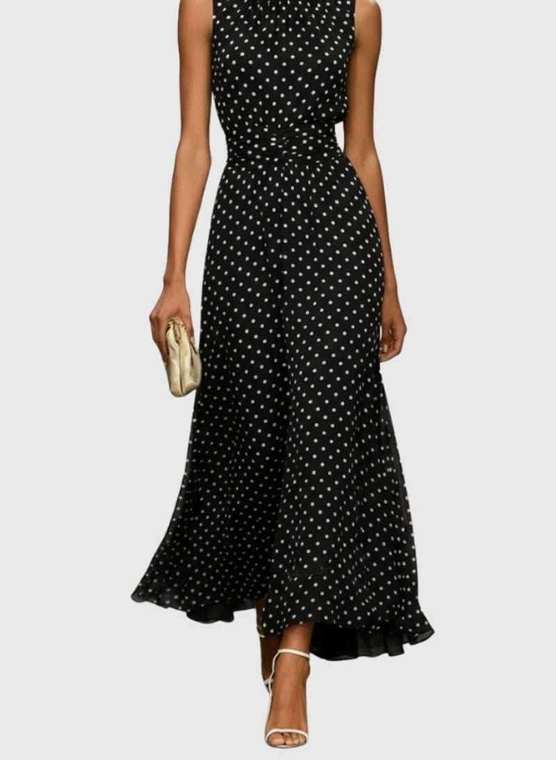 Polka dot sleeveless maxi dress in black – front