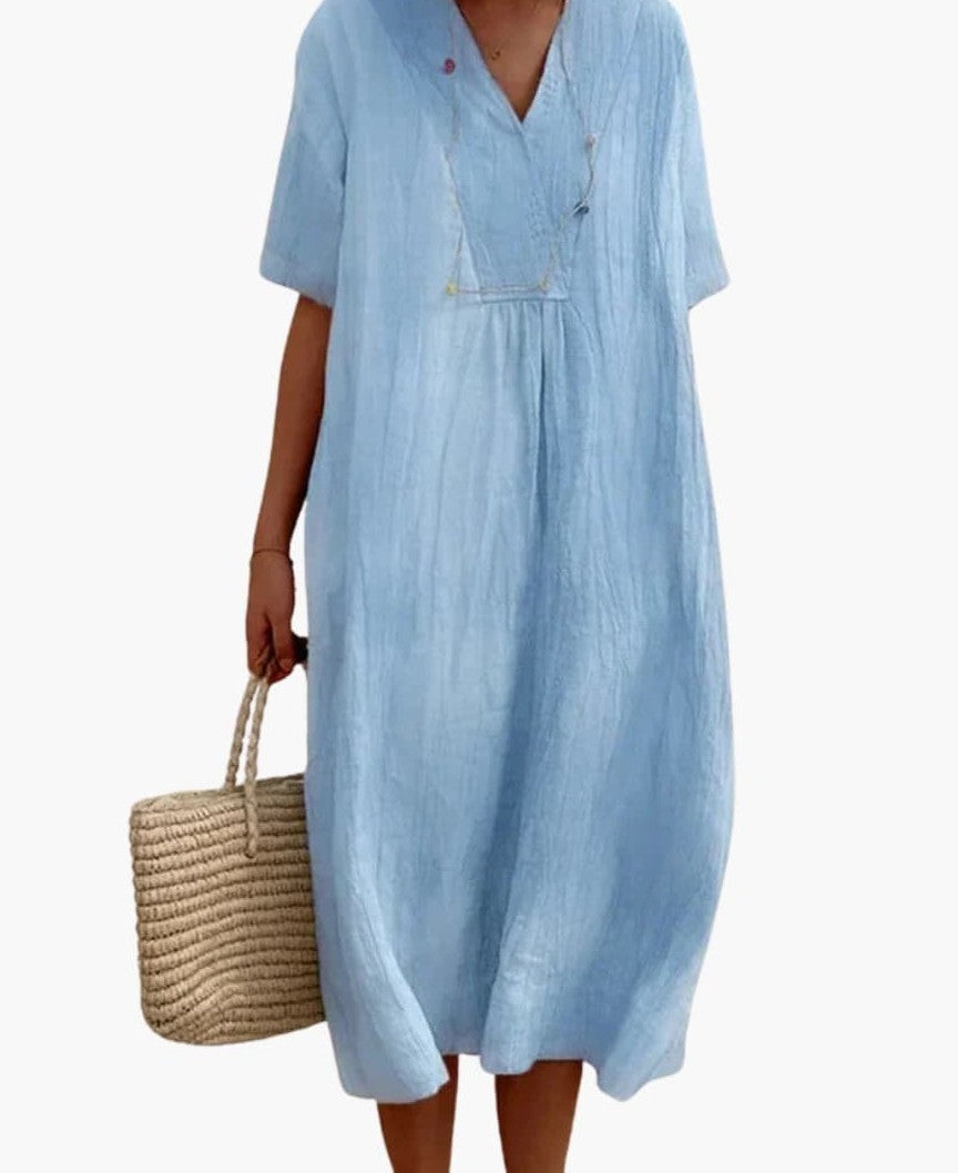 Relaxed linen V-neck midi dress in blue – front