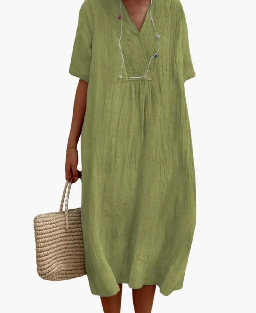 Relaxed linen V-neck midi dress in olive – front