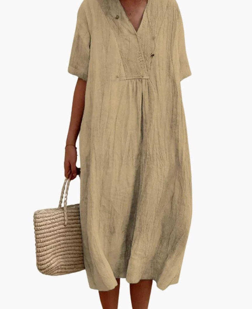 Relaxed linen V-neck midi dress in khaki – front