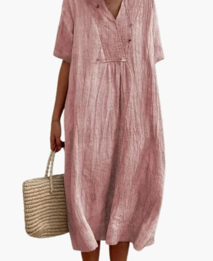 Relaxed linen V-neck midi dress in pink – front