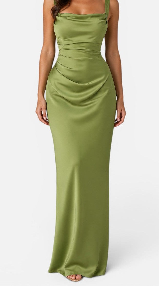 Satin ruched waist maxi dress in olive green – front