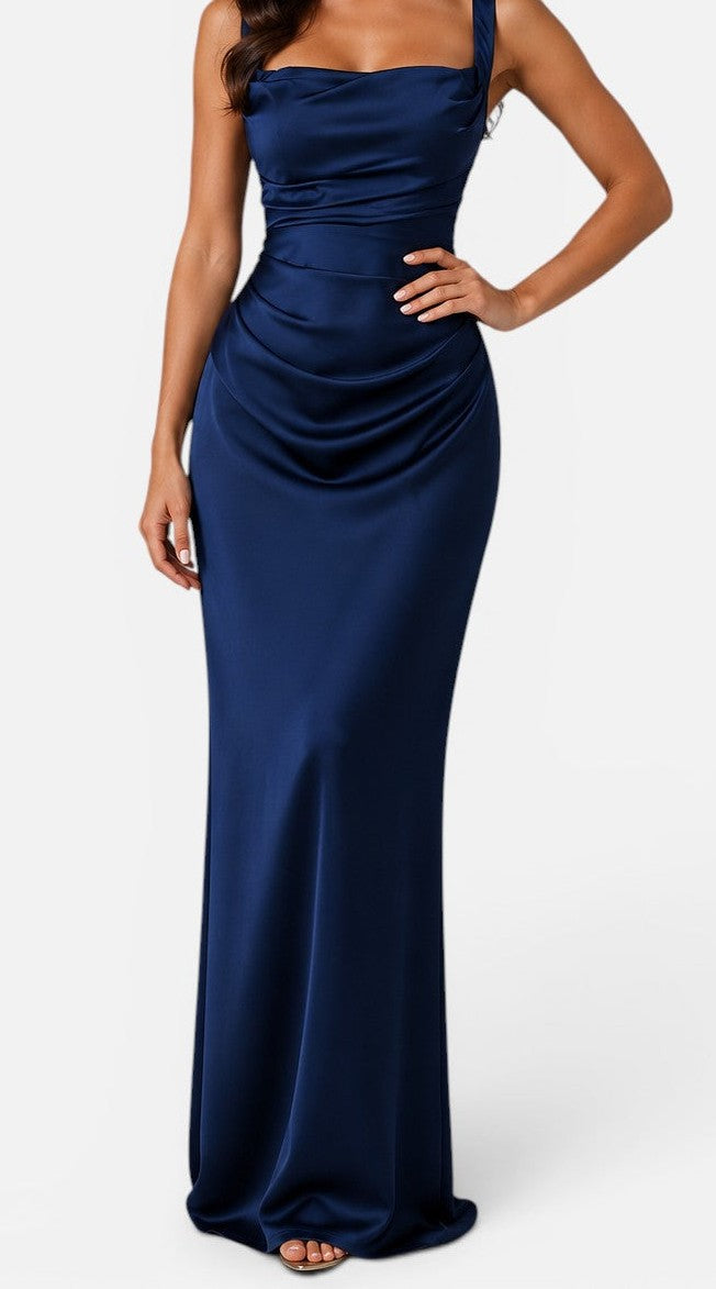 Satin ruched waist maxi dress in navy – front