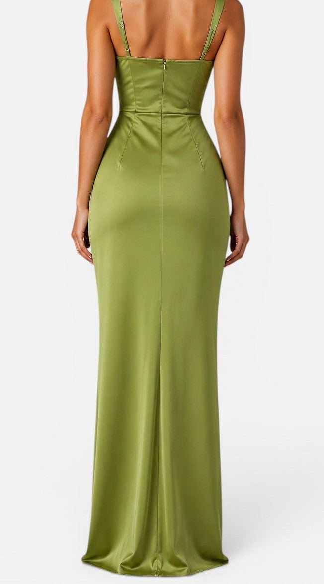 Satin ruched waist maxi dress in olive green – back