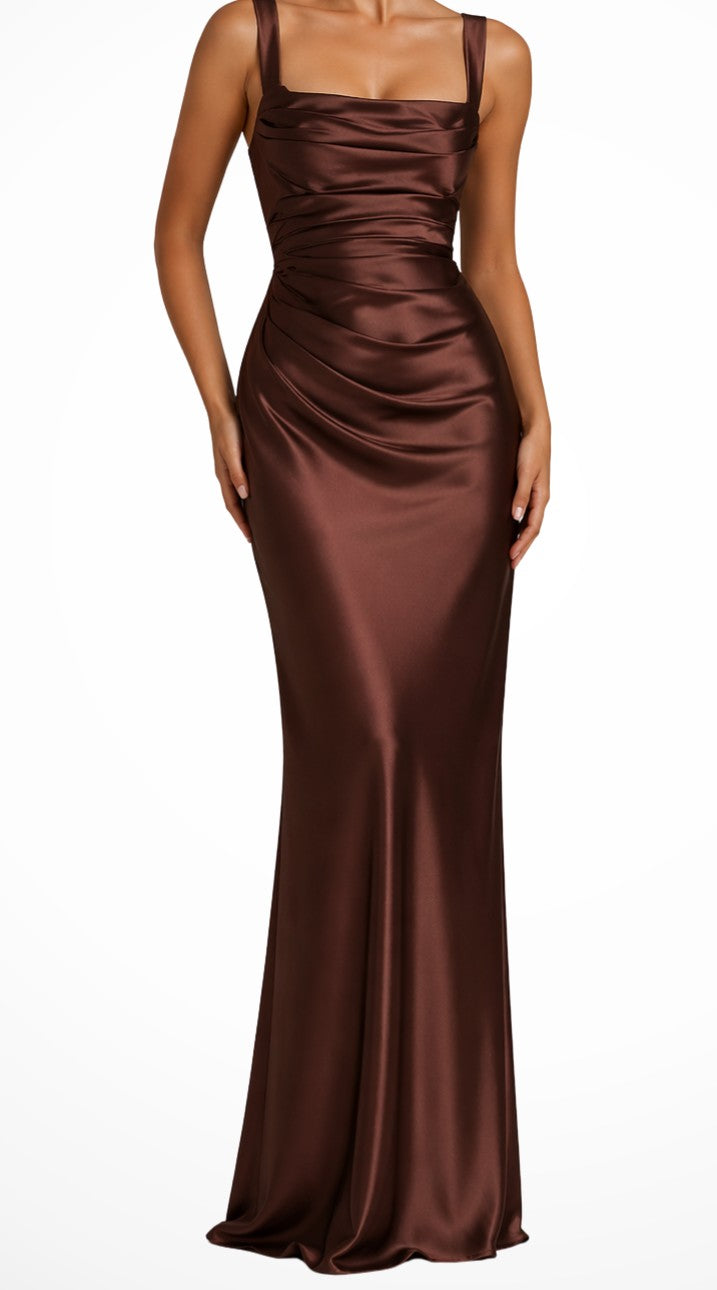 Satin square neck maxi dress in brown – front