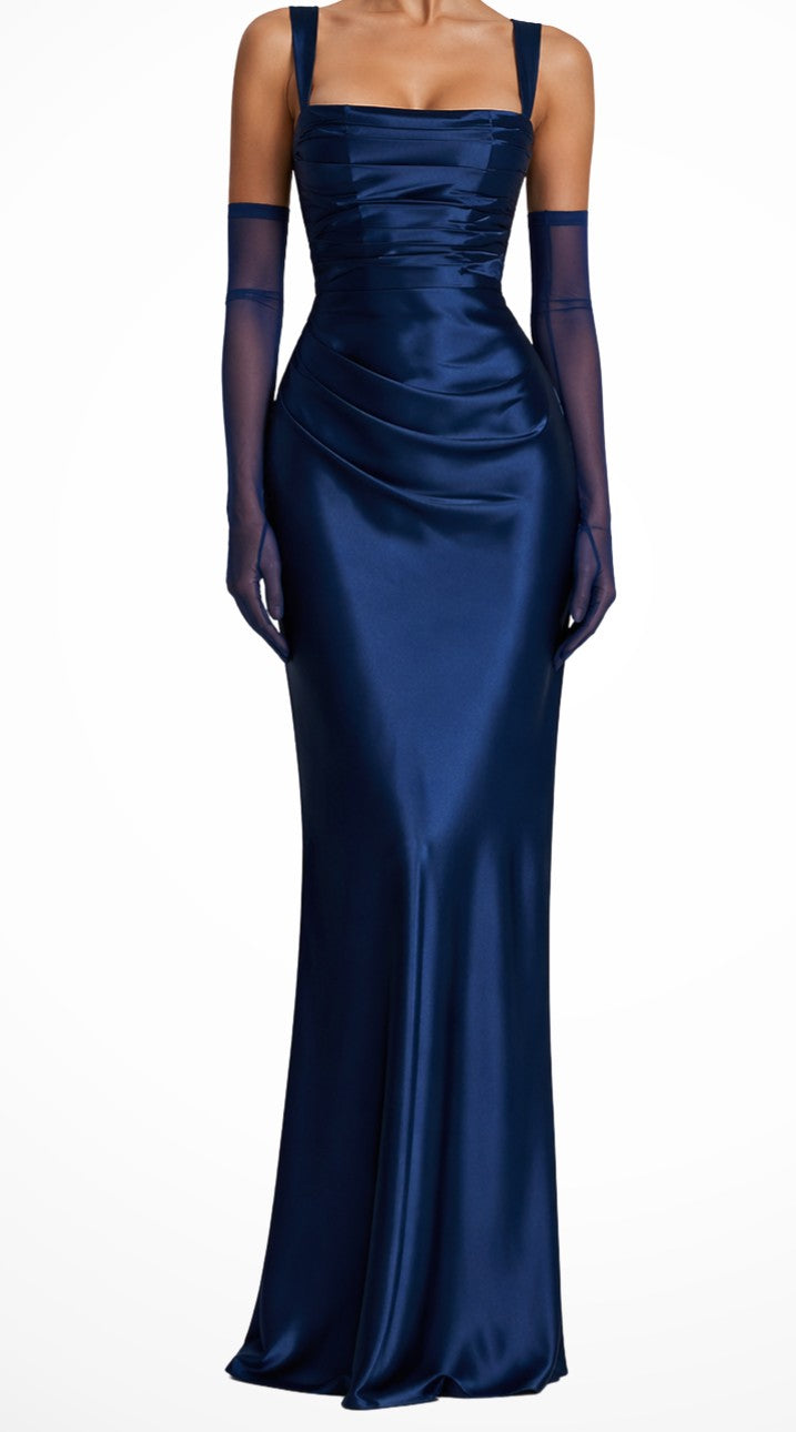 Satin square neck maxi dress in navy blue – front