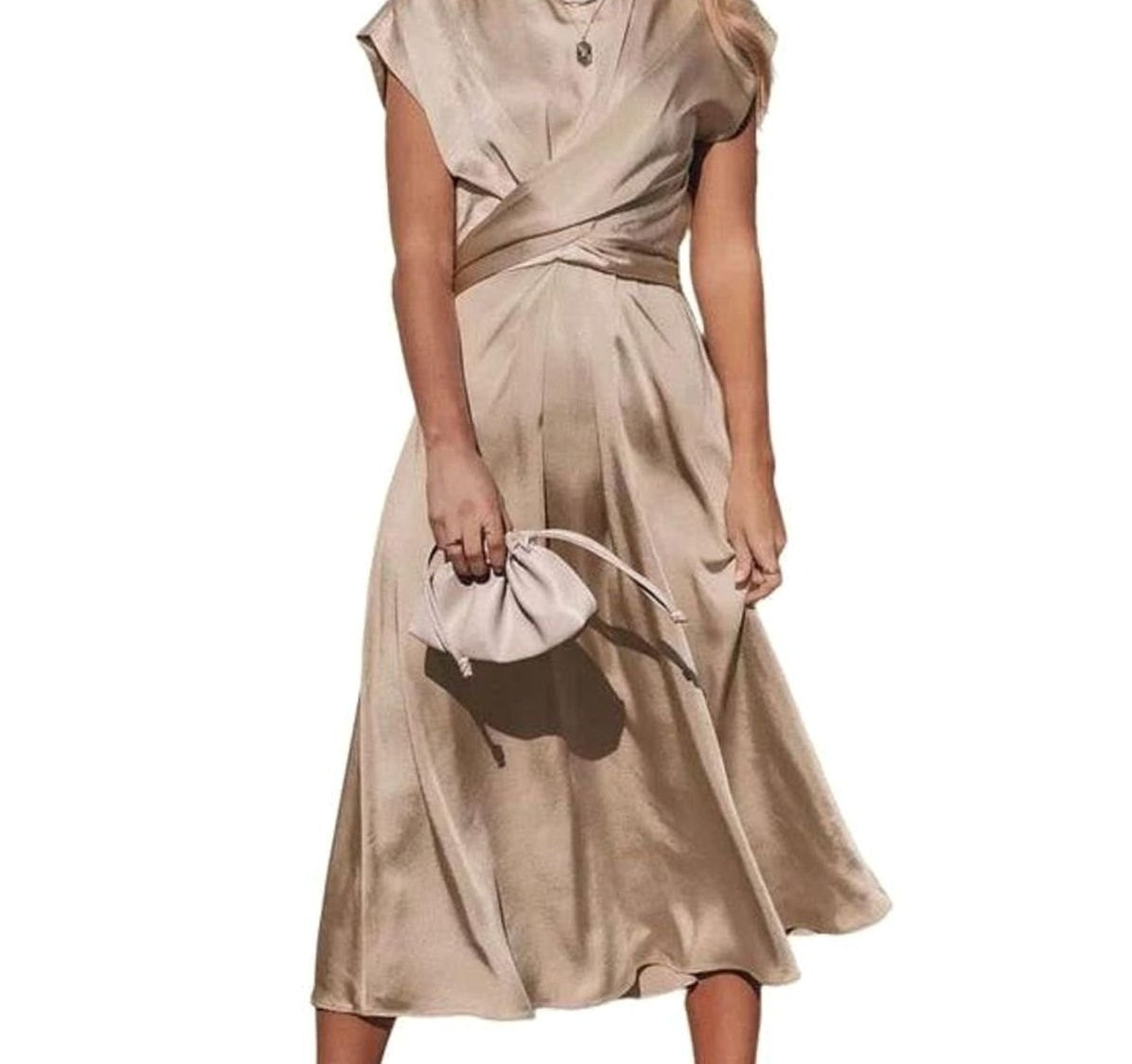Satin wrap-front midi dress in champagne – front