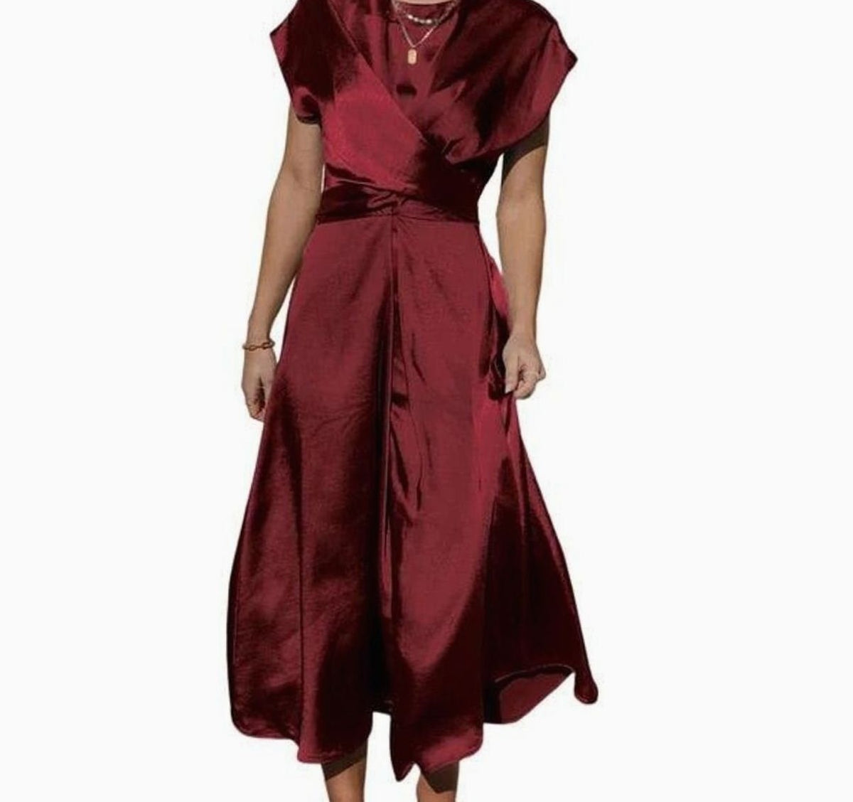 Satin wrap-front midi dress in burgundy – front