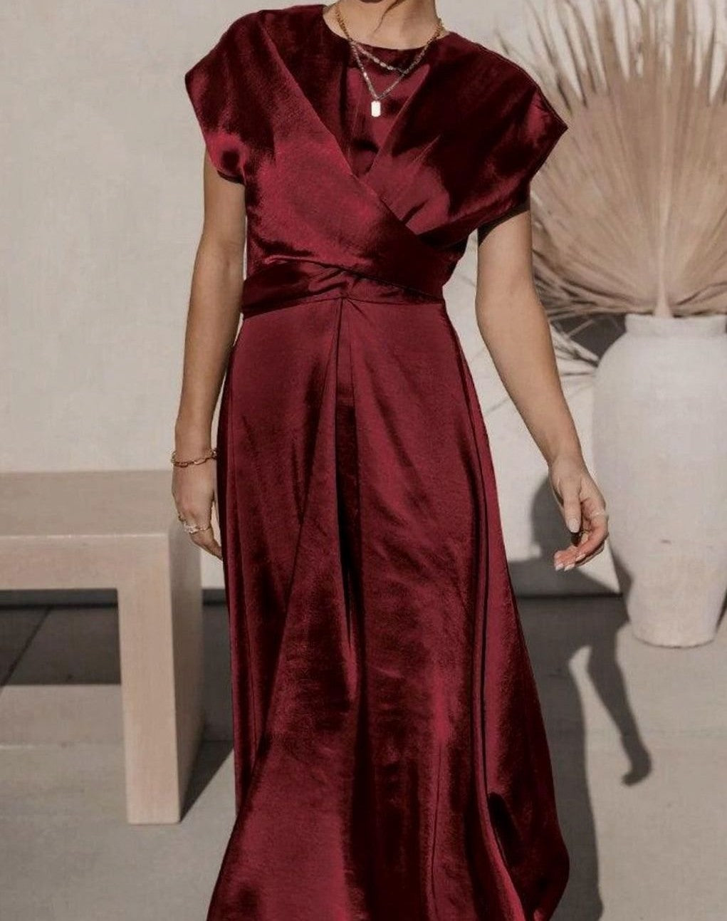 Satin wrap-front midi dress in burgundy – styled