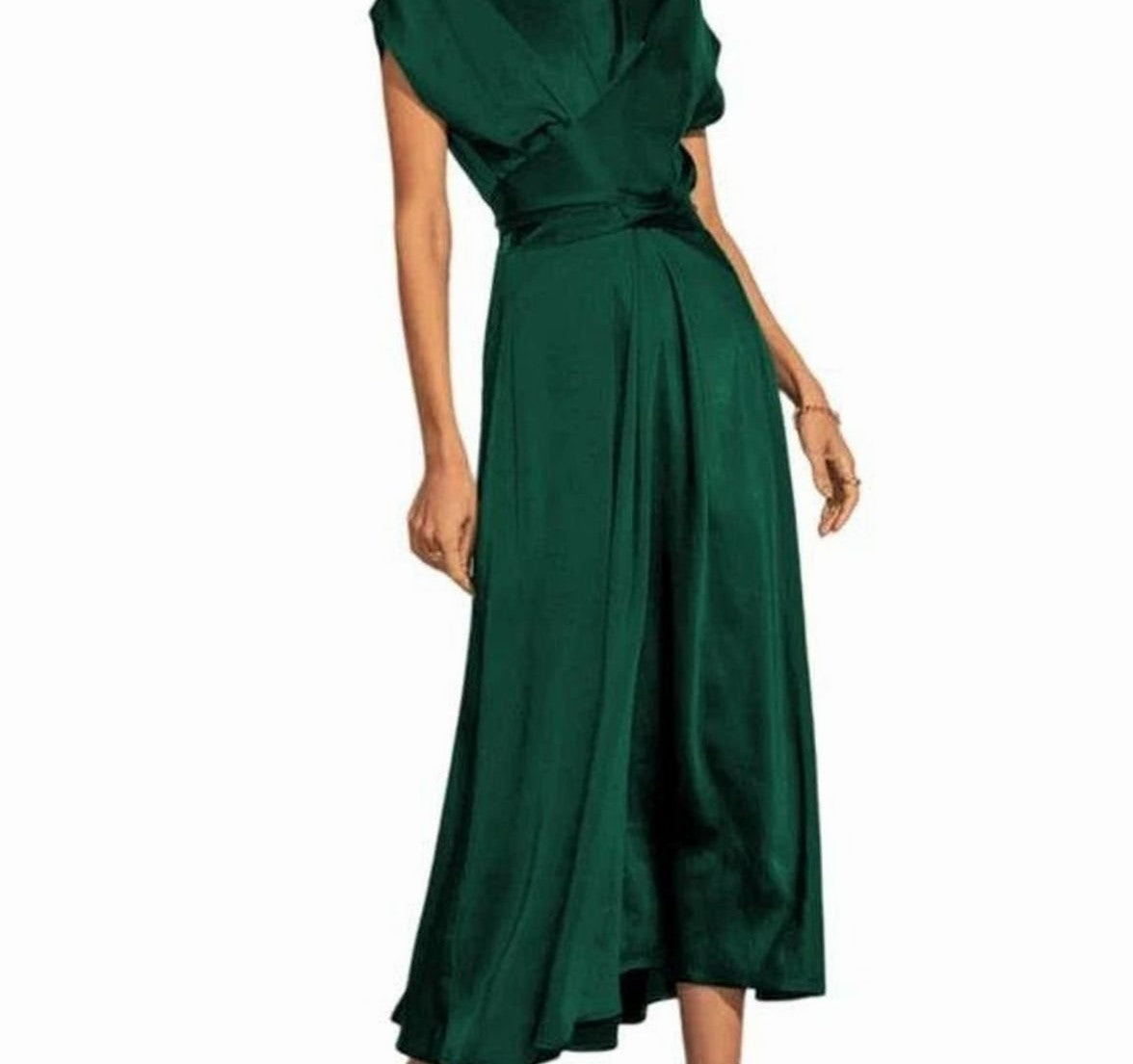 Satin wrap-front midi dress in emerald – front