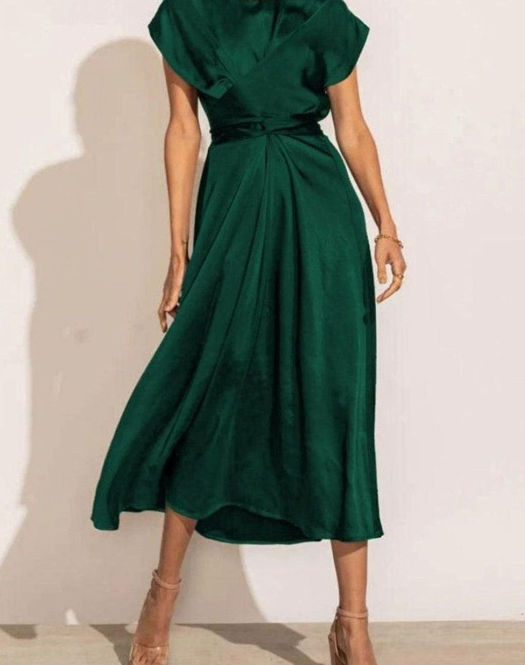 Satin wrap-front midi dress in emerald – styled