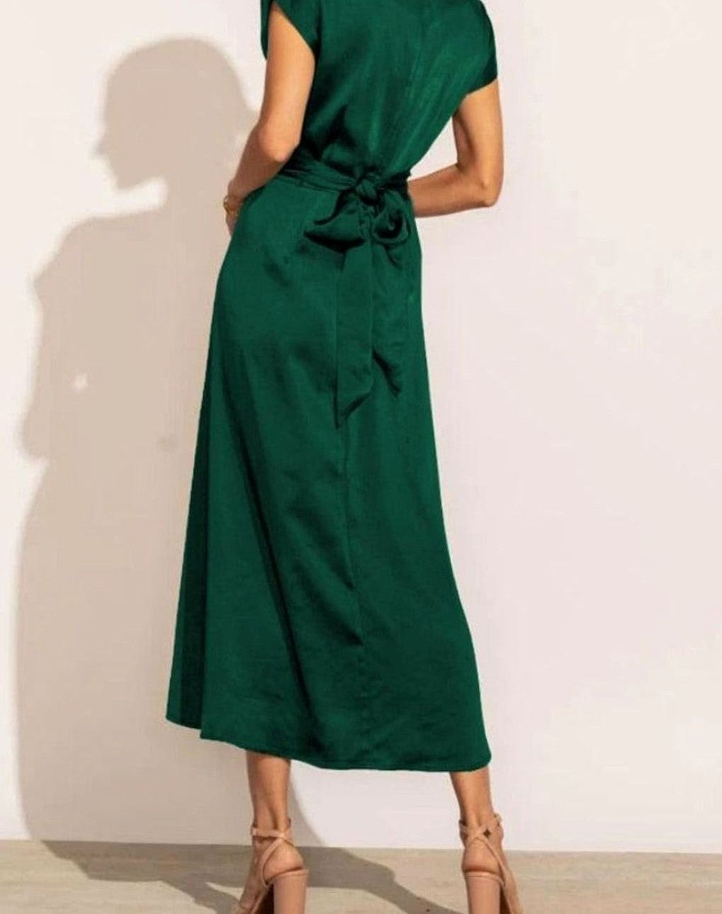 Satin wrap-front midi dress in emerald – back with waist tie