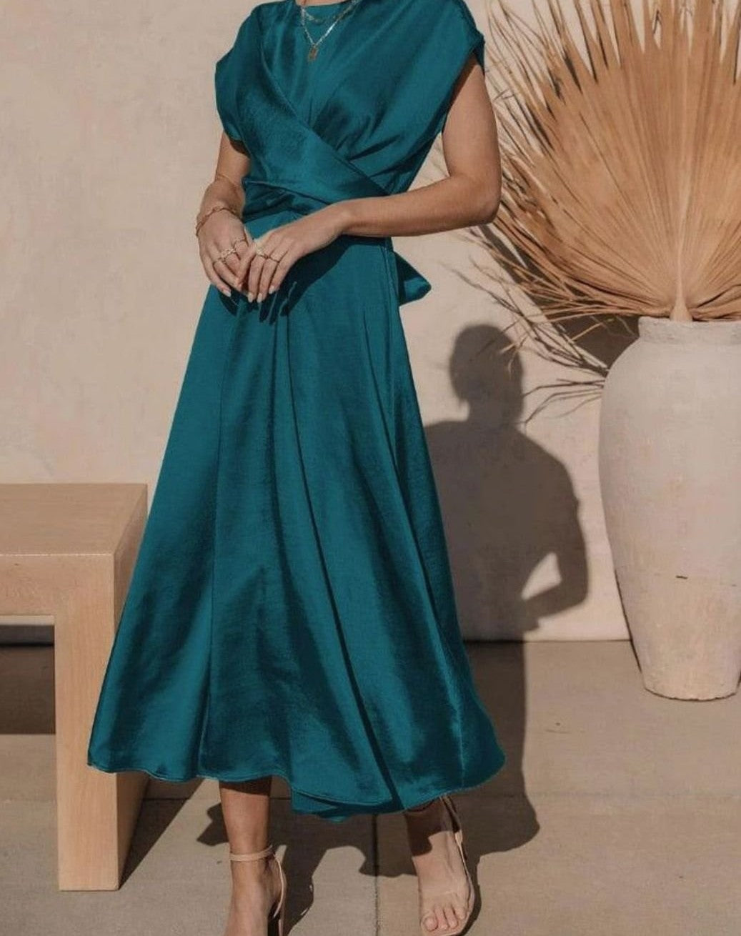 Satin wrap-front midi dress in teal – styled