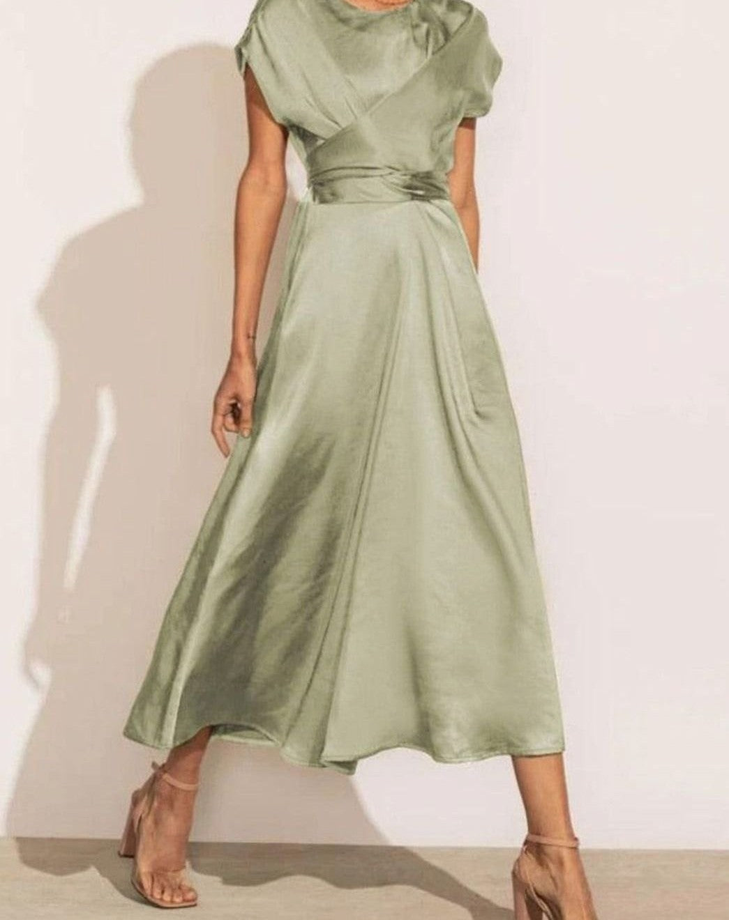 Satin wrap-front midi dress in sage – front
